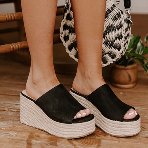 Fabutiq Shoes - Black espadrille faux suede wedge slip on sandal